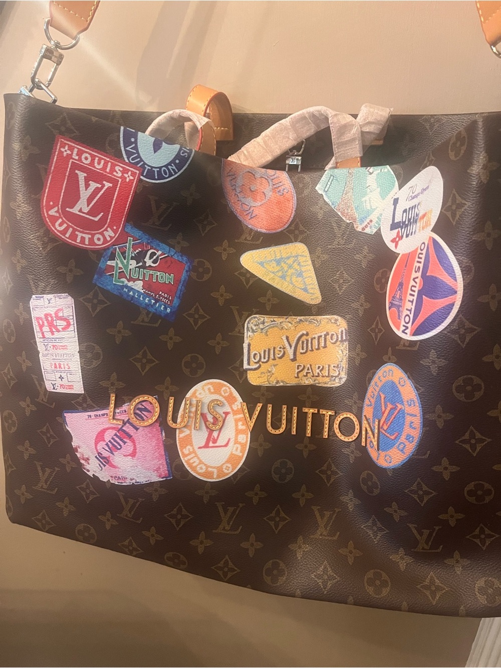 Louis Vuitton style Brown Monogram Sticker-Print Tote - Picture 2 of 11